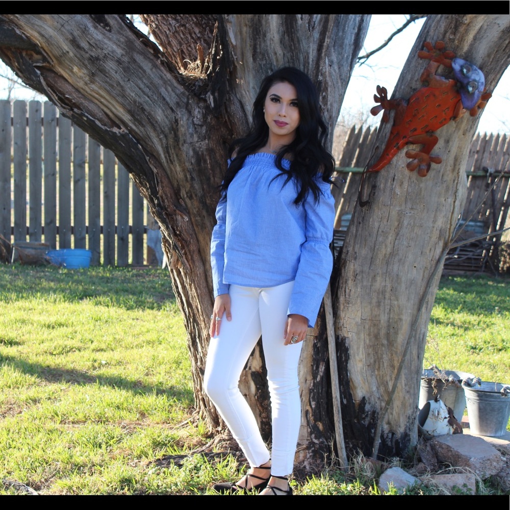 Blue jean off the shoulder top